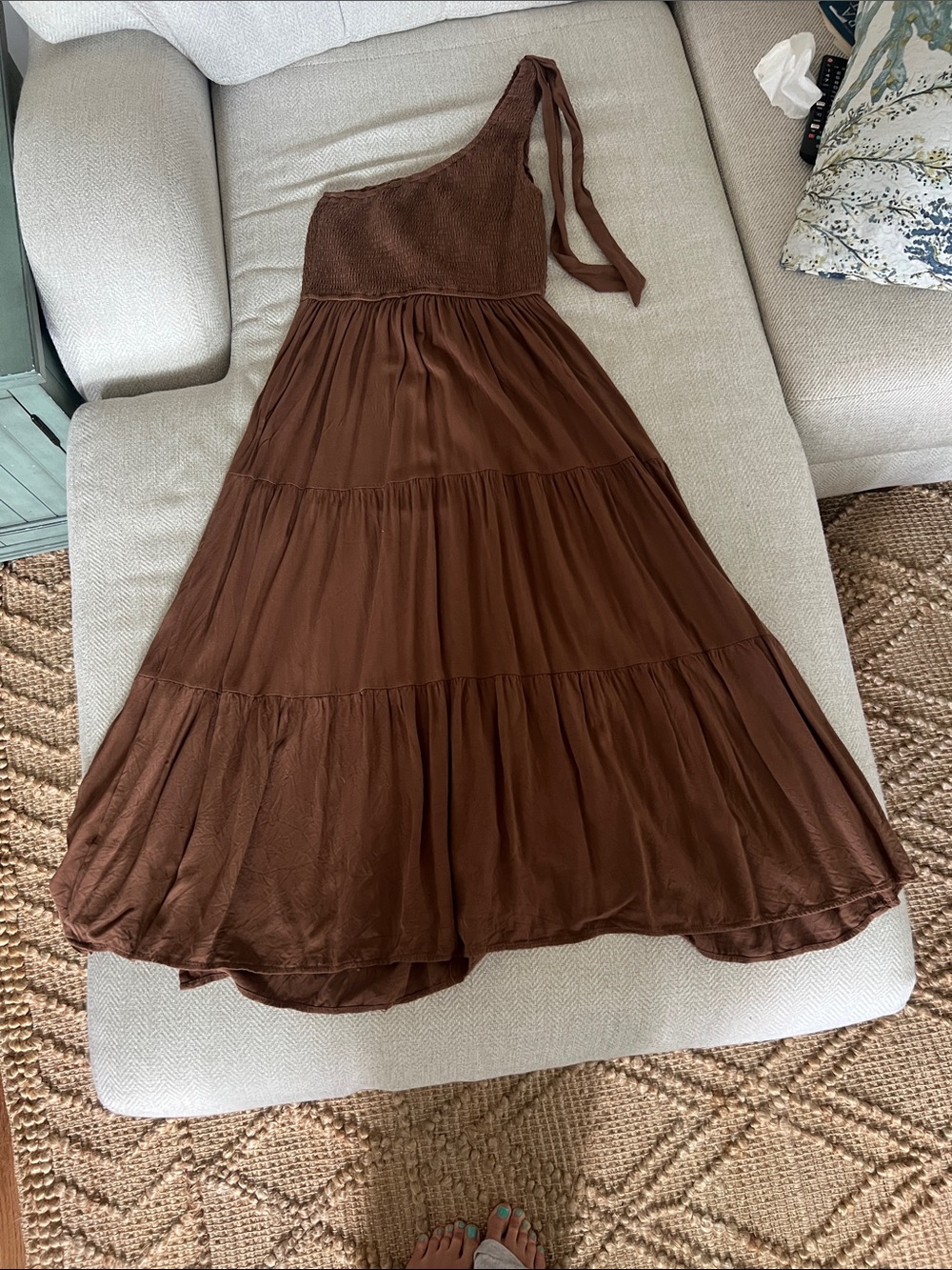 One-Shoulder Brown Tiered Maxi dress